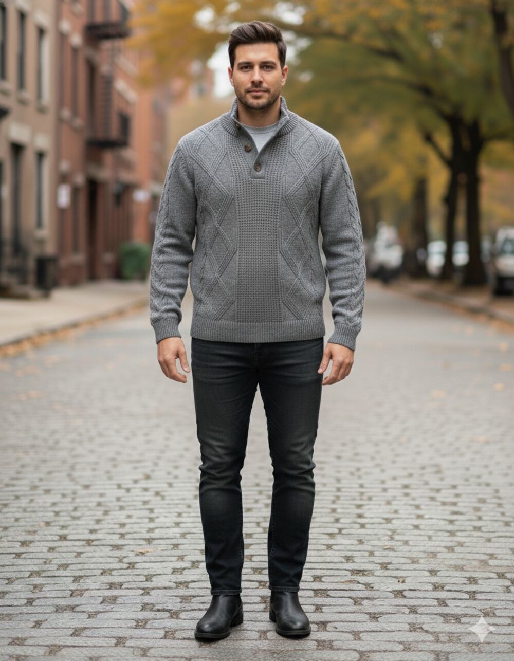F/X Fusion textured Preppy academia Cotton knit Sweater Gray Mock Neck Size-L